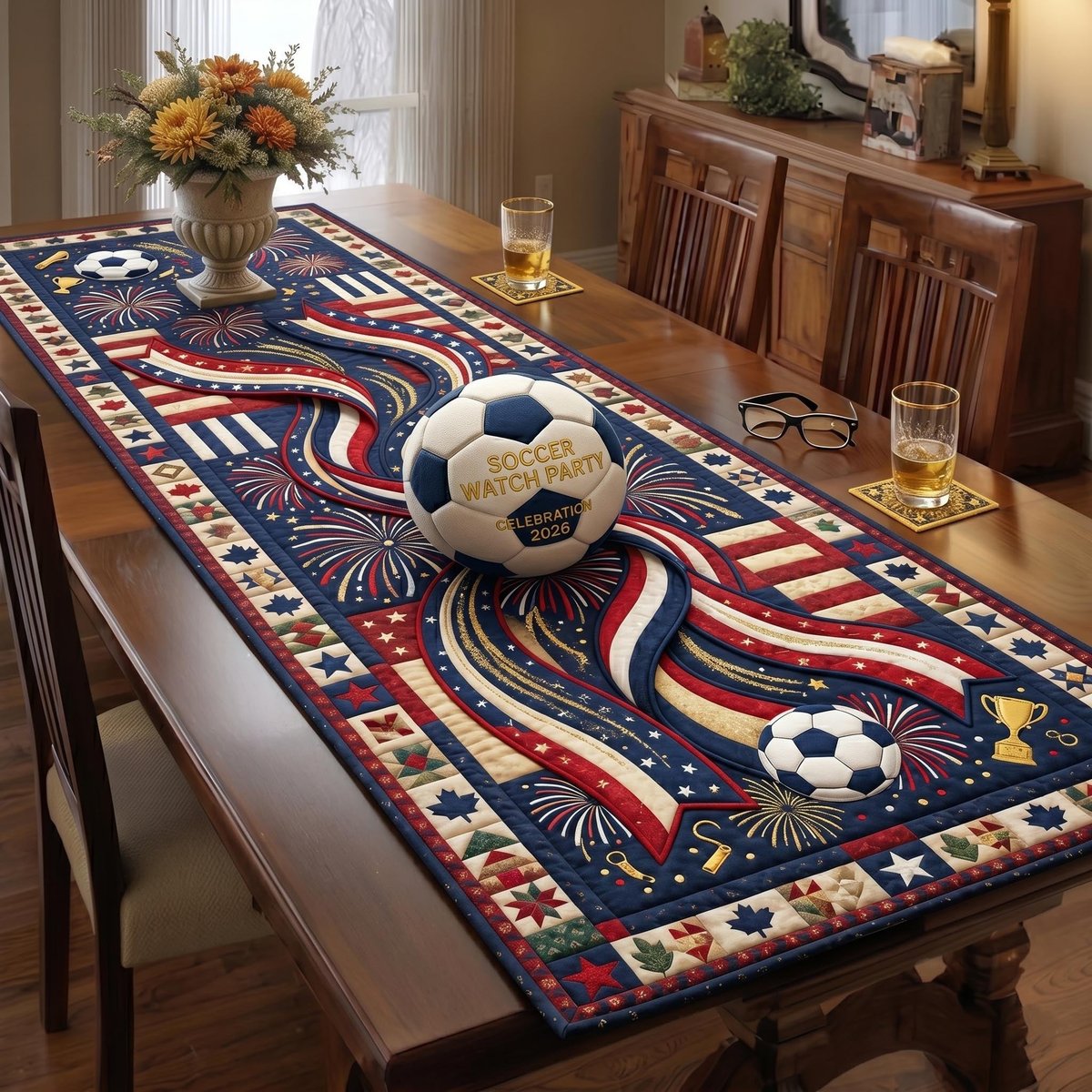 Soccer Balls with Flag Ribbons Table Runner - Made to Order TABLE928