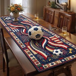Soccer Balls with Flag Ribbons Table Runner - Made to Order TABLE928