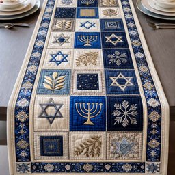Snowflake and Menorah Blocks on Cream Table Runner - Made to Order TABLE928