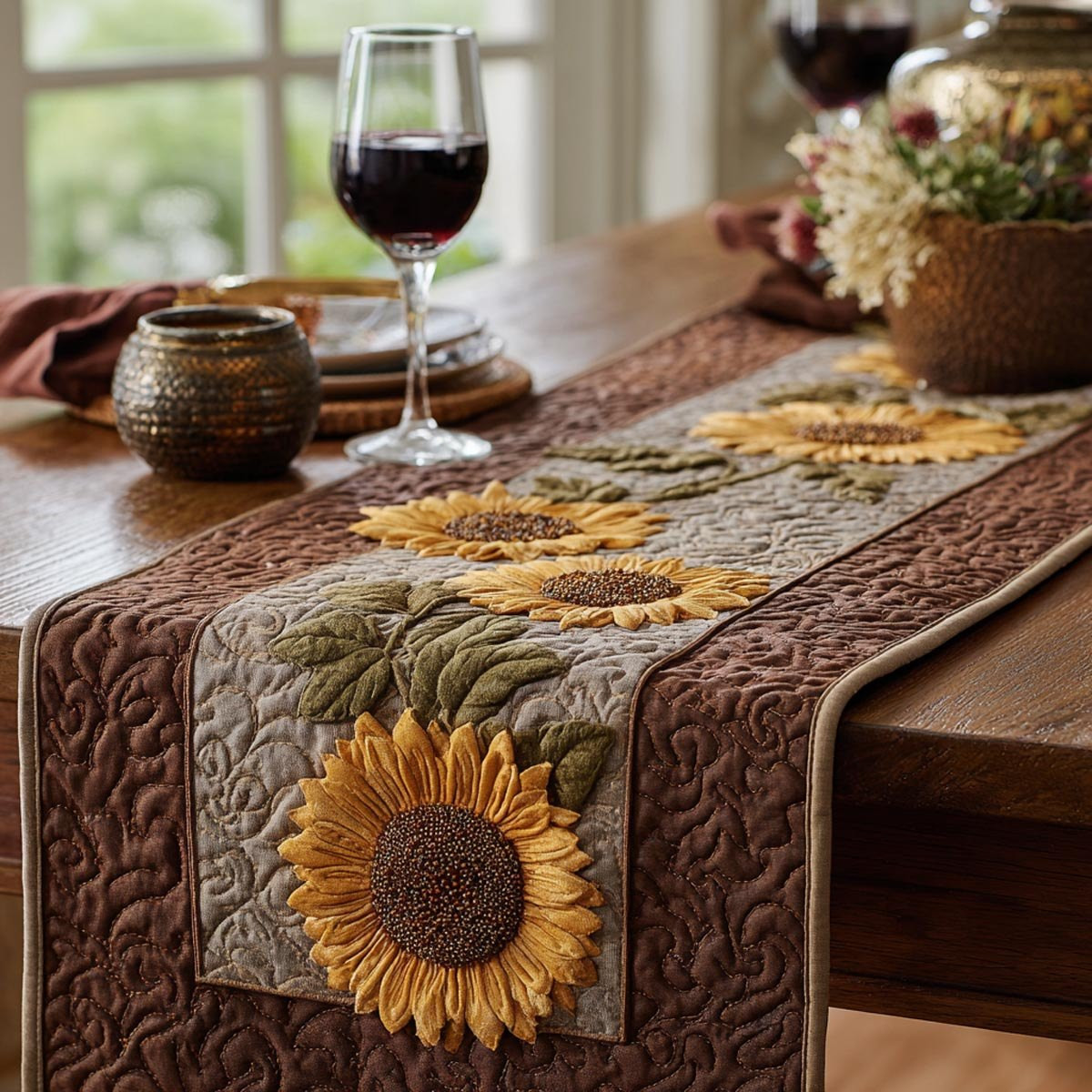 Single Sunflower on Warm Taupe Table Runner - Made to Order TABLE928