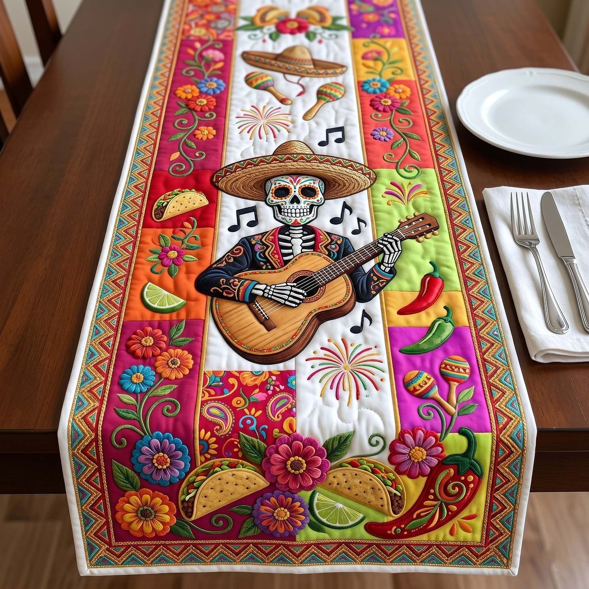 Skeleton Mariachi Playing Guitar Table Runner - Made to Order TABLE928