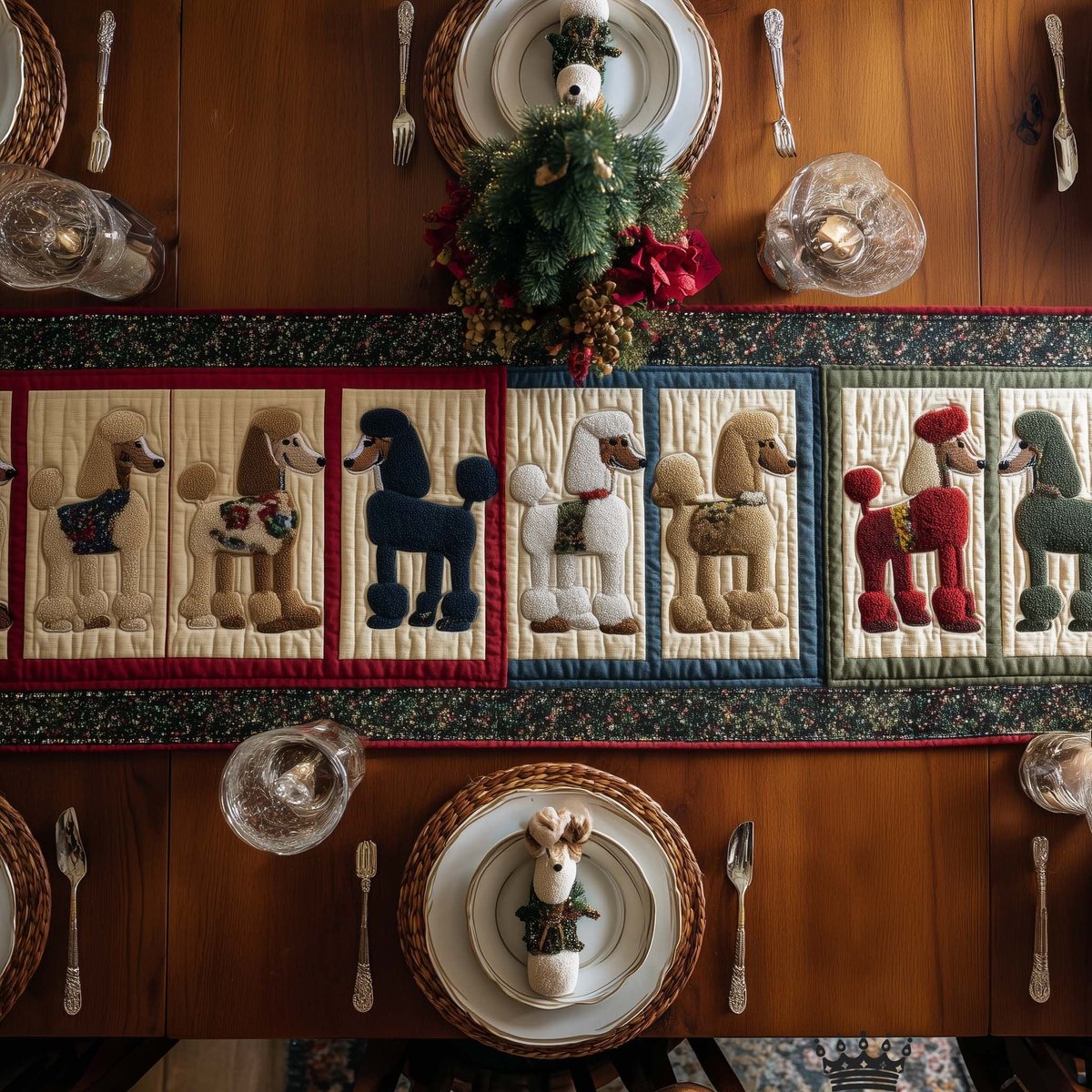 Small Poodles in Ivory Frames Table Runner - Made to Order TABLE928