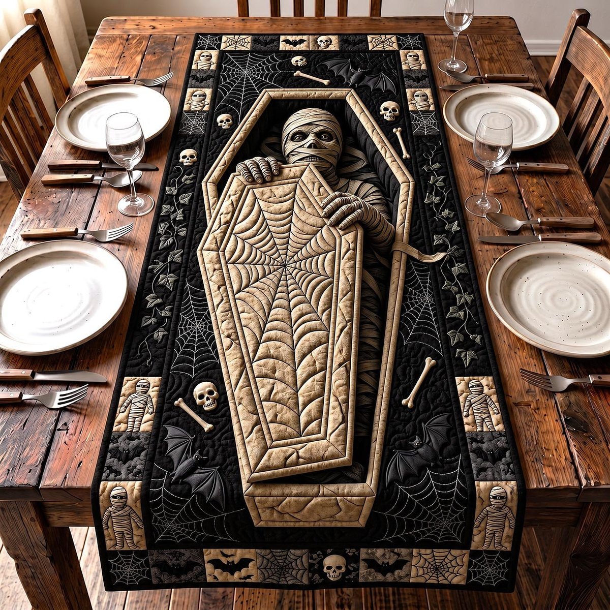 Skeleton Rising from Wooden Coffin Table Runner - Made to Order TABLE928