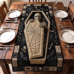 Skeleton Rising from Wooden Coffin Table Runner - Made to Order TABLE928