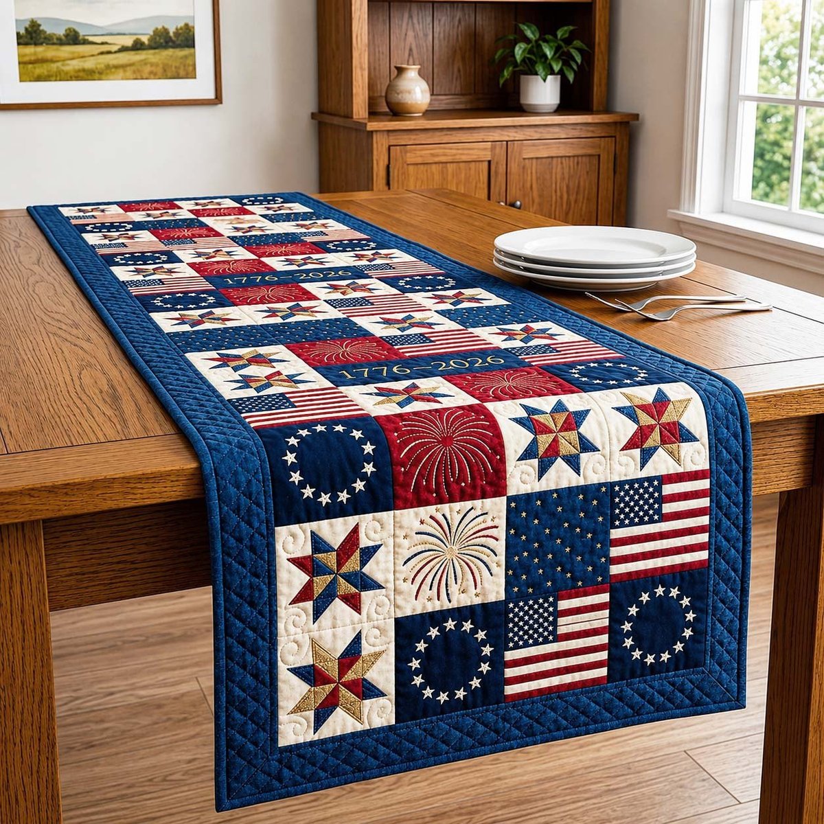Star Quilt Blocks with Flags Table Runner - Made to Order TABLE928