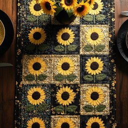 Sunflower Squares on Black Table Runner - Made to Order TABLE928