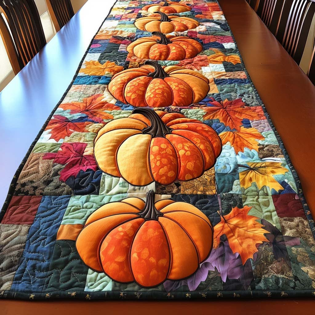 Stacked Orange Pumpkins with Leaves Table Runner - Made to Order TABLE928