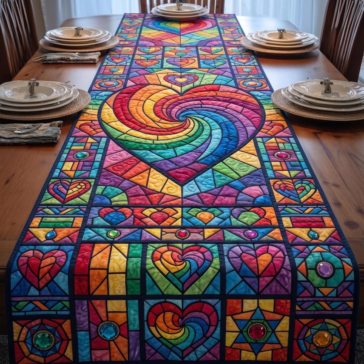 Stained Glass Rainbow Heart Table Runner - Made to Order TABLE928