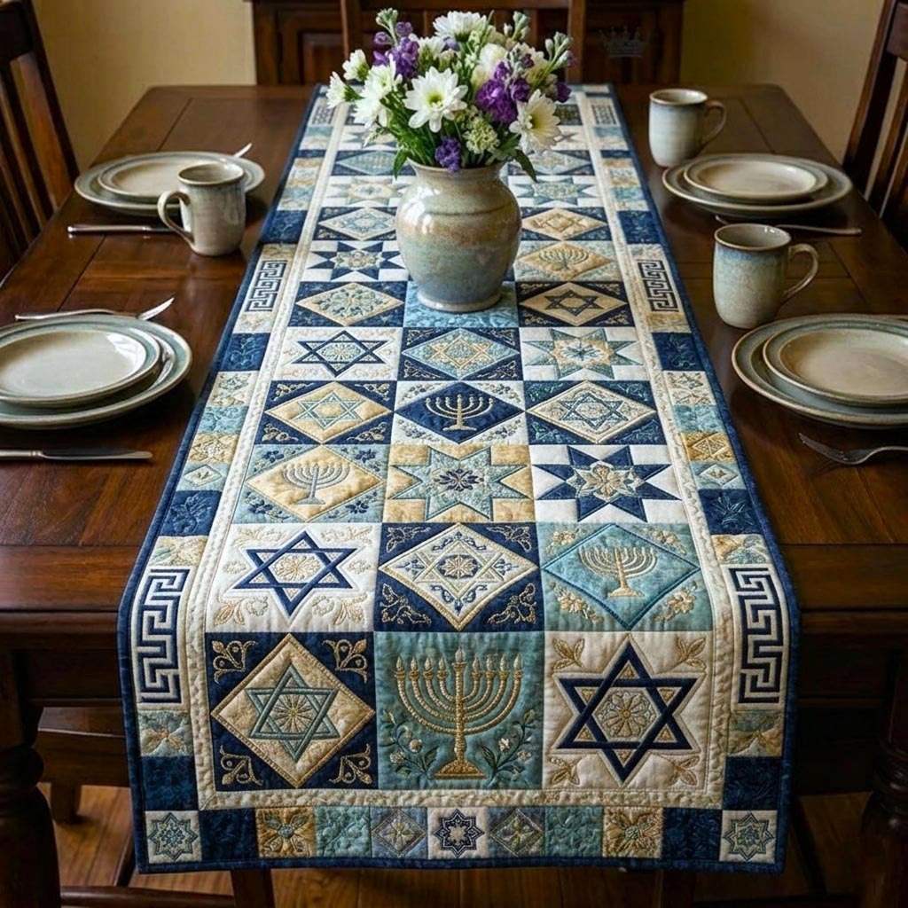 Star of David Blocks in Blue Table Runner - Made to Order TABLE928
