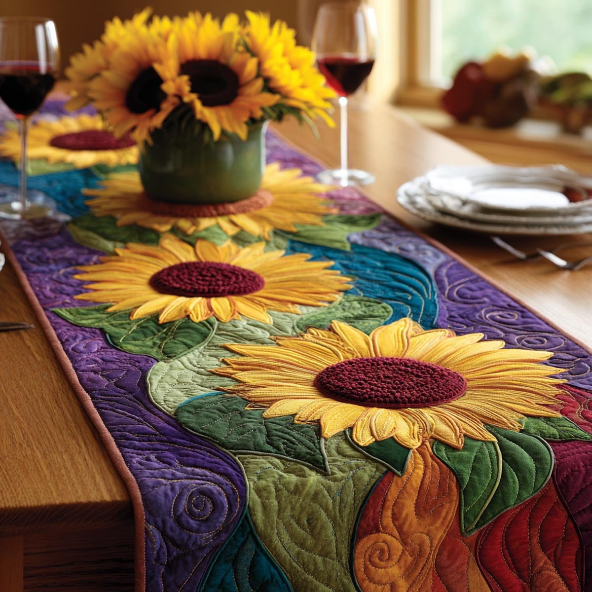 Sunflower on Purple and Teal Table Runner - Made to Order TABLE928