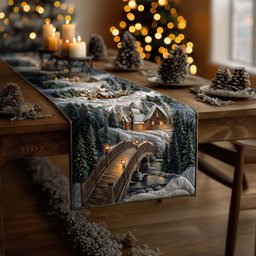 Stone Bridge in a Snowy Village Table Runner - Made to Order TABLE928