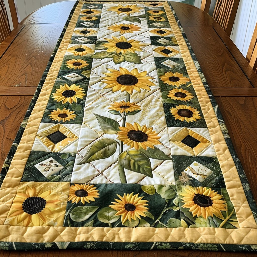 Sunflower Blocks with Green Sashing Table Runner - Made to Order TABLE928