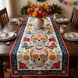 Sugar Skull with Butterflies on Cream Table Runner - Made to Order TABLE928