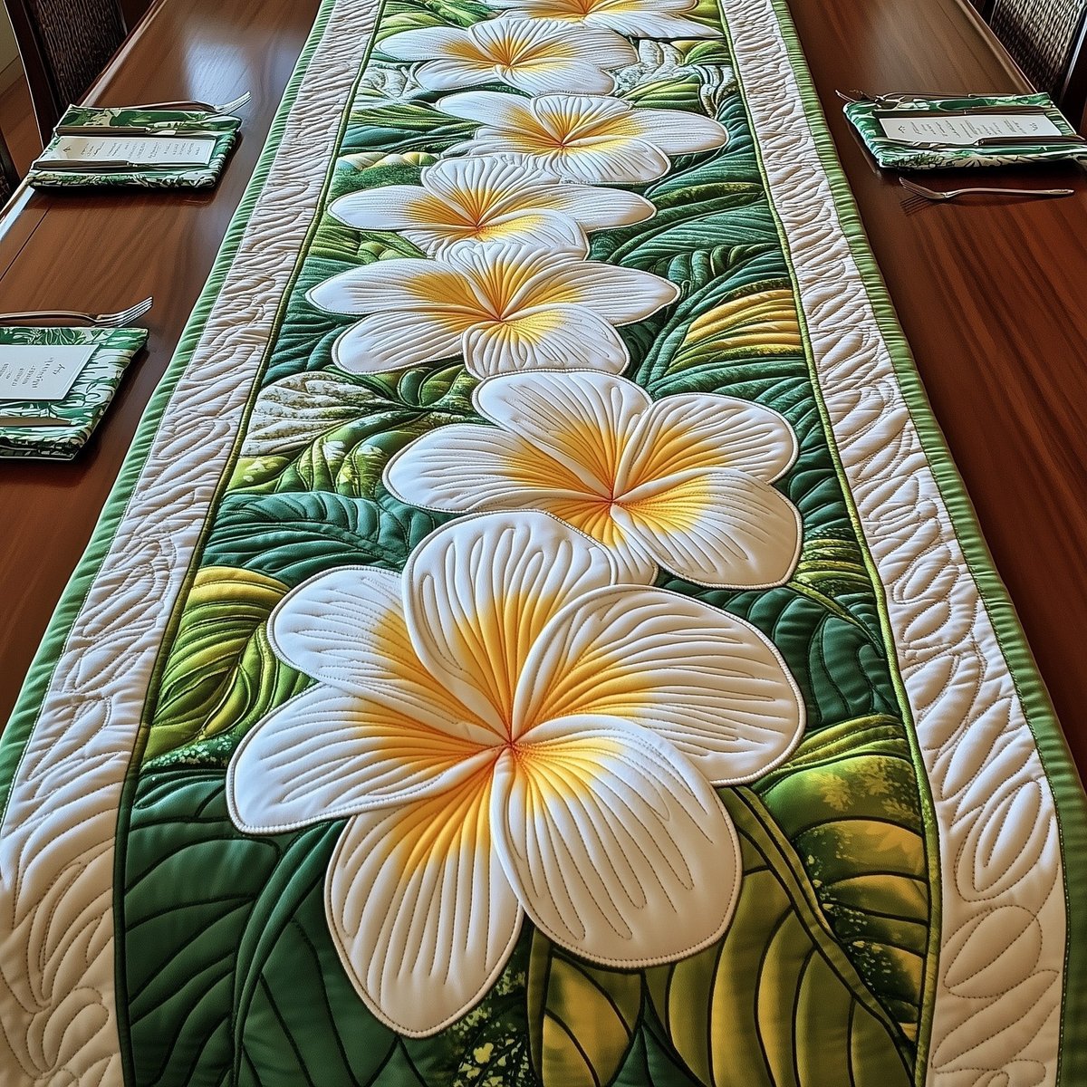Single Large Plumeria on Green Table Runner - Made to Order TABLE928