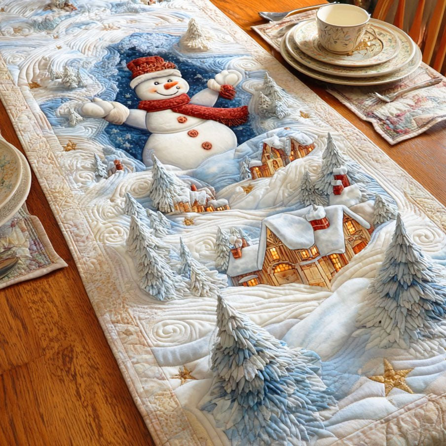 Snowman Above a Snowy Village Table Runner - Made to Order TABLE928