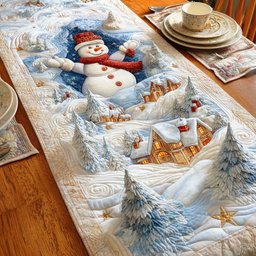 Snowman Above a Snowy Village Table Runner - Made to Order TABLE928