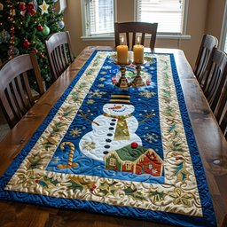 Snowman with Cottage on Blue Table Runner - Made to Order TABLE928