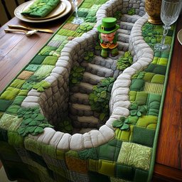 Stone Well on Green Patchwork Table Runner - Made to Order TABLE928
