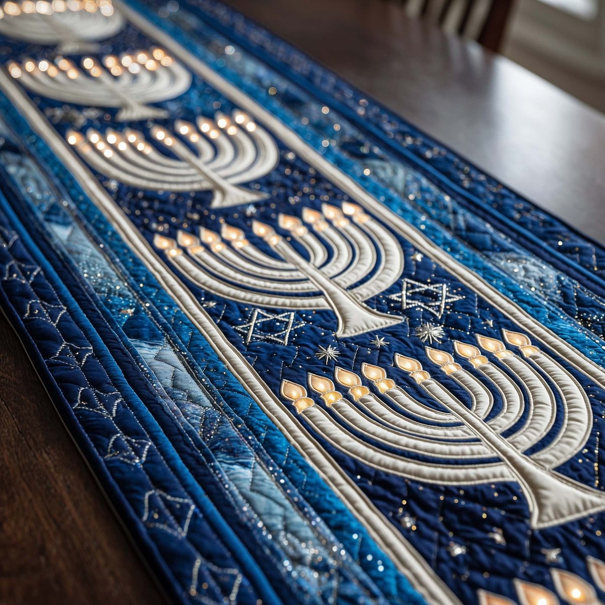 Silver Menorahs on Starry Blue Table Runner - Made to Order TABLE928