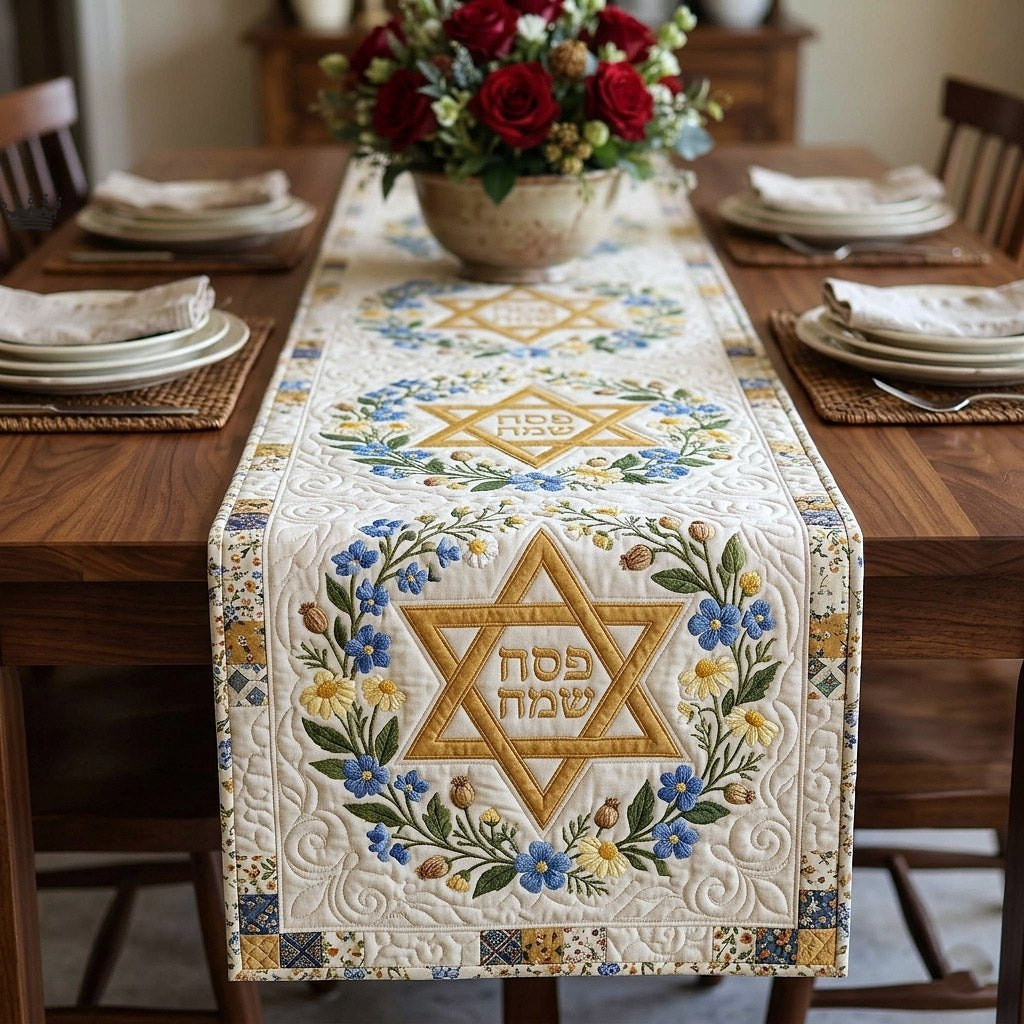 Star of David with Blue Flowers Table Runner - Made to Order TABLE928