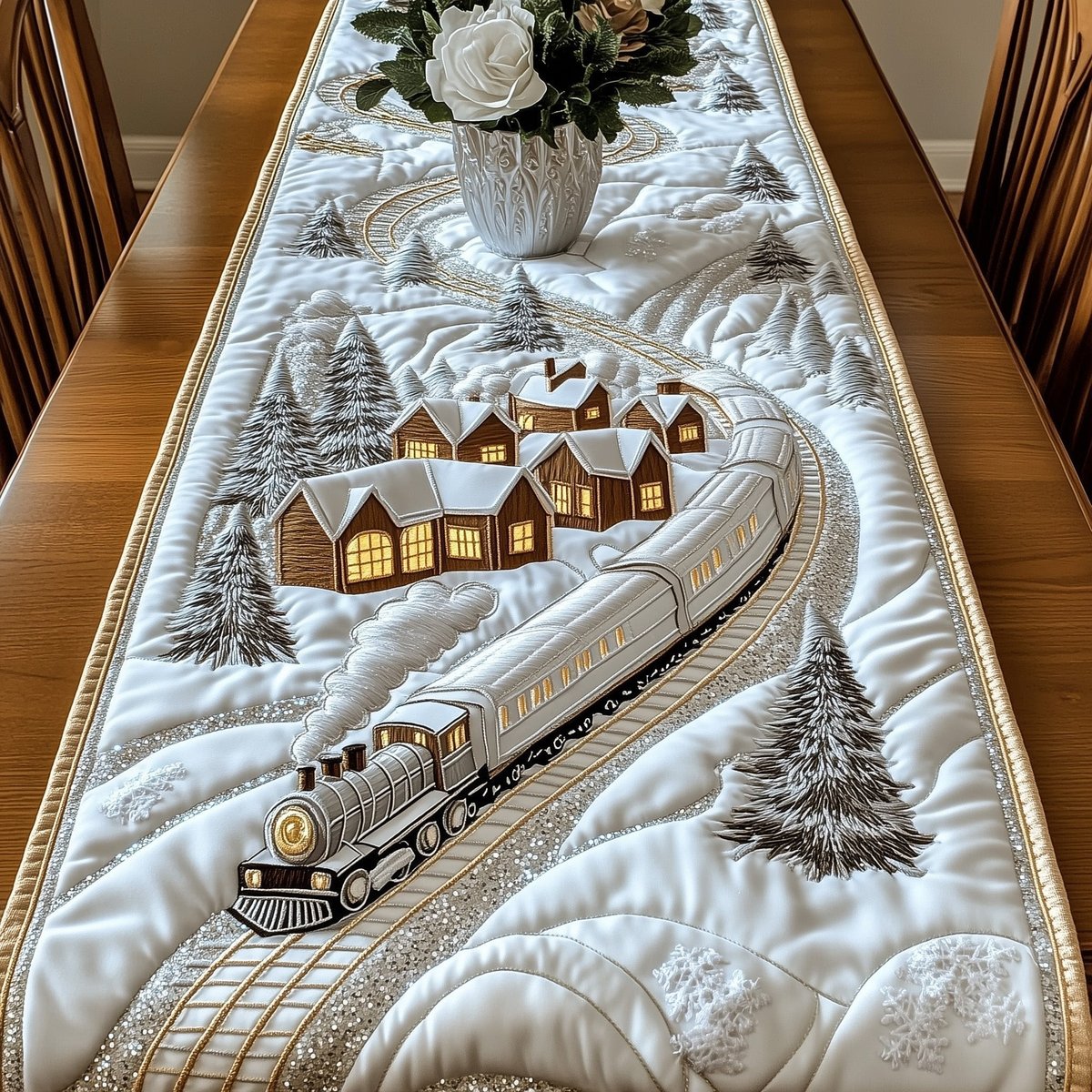 Steam Train Through a Snowy Village Table Runner - Made to Order TABLE928