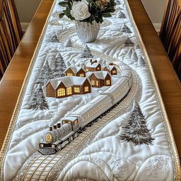 Steam Train Through a Snowy Village Table Runner - Made to Order TABLE928