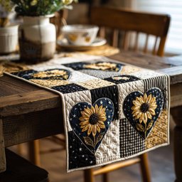 Sunflower Hearts on Black Patchwork Table Runner - Made to Order TABLE928