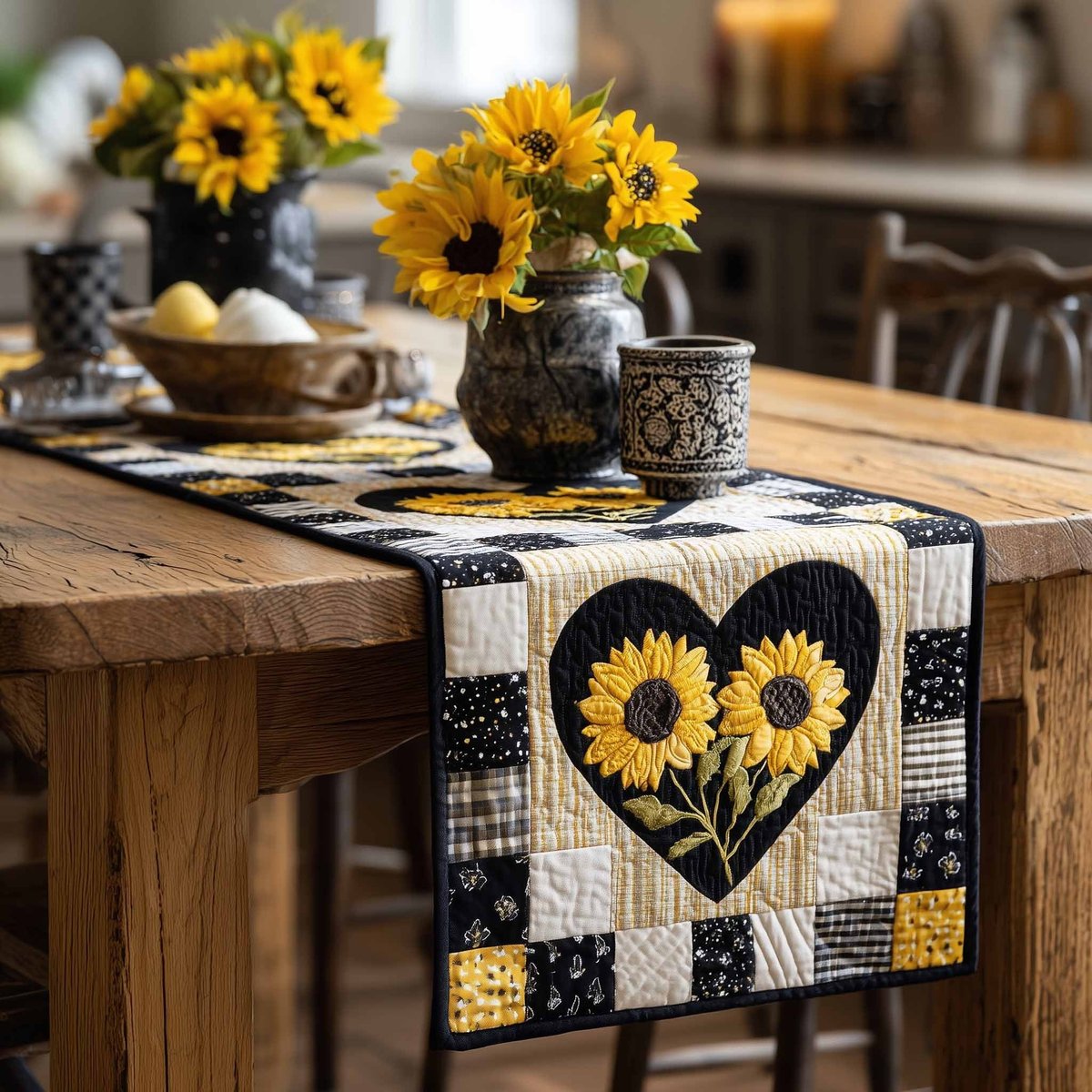 Sunflower Heart on Checkerboard Border Table Runner - Made to Order TABLE928