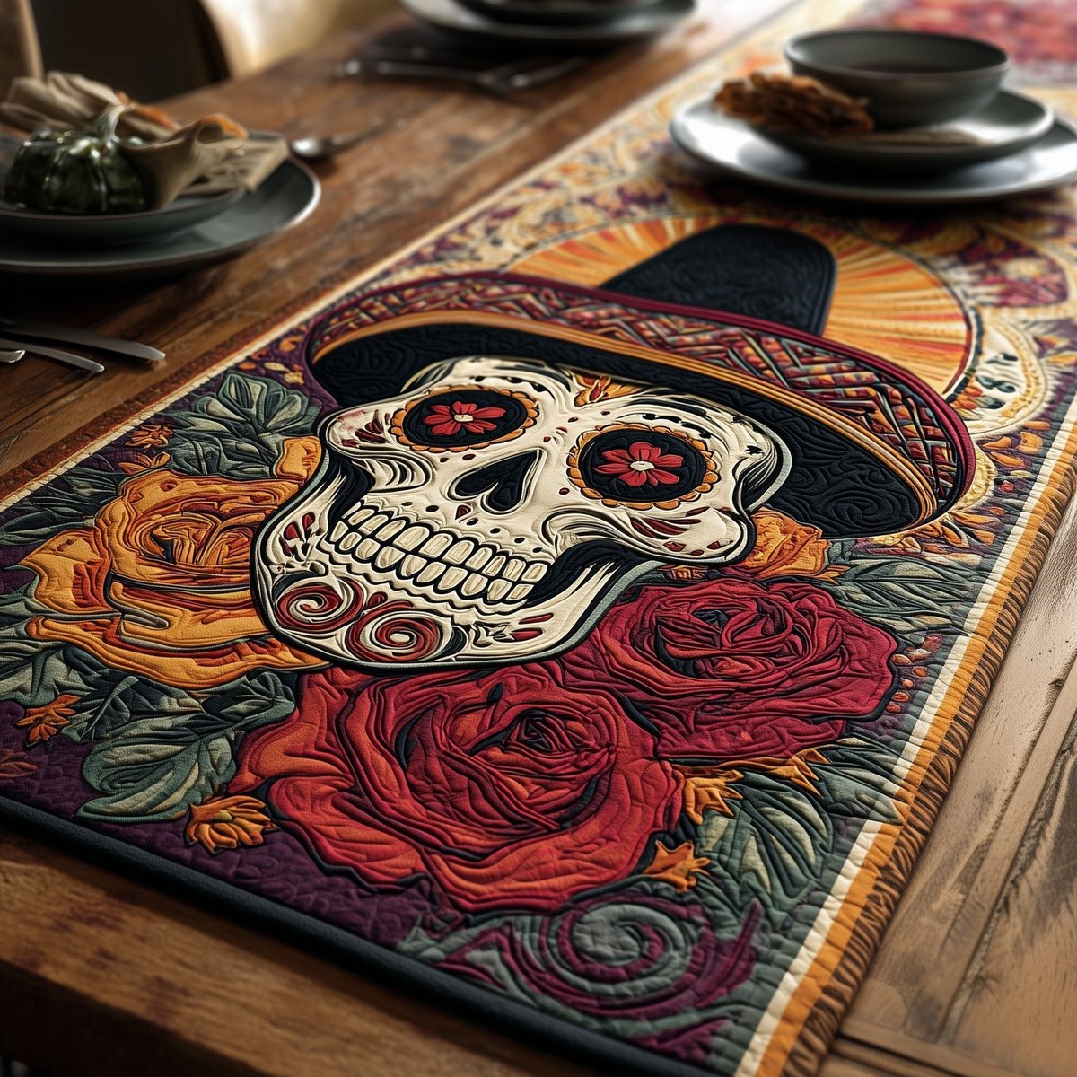Sugar Skull in Hat with Roses Table Runner - Made to Order TABLE928