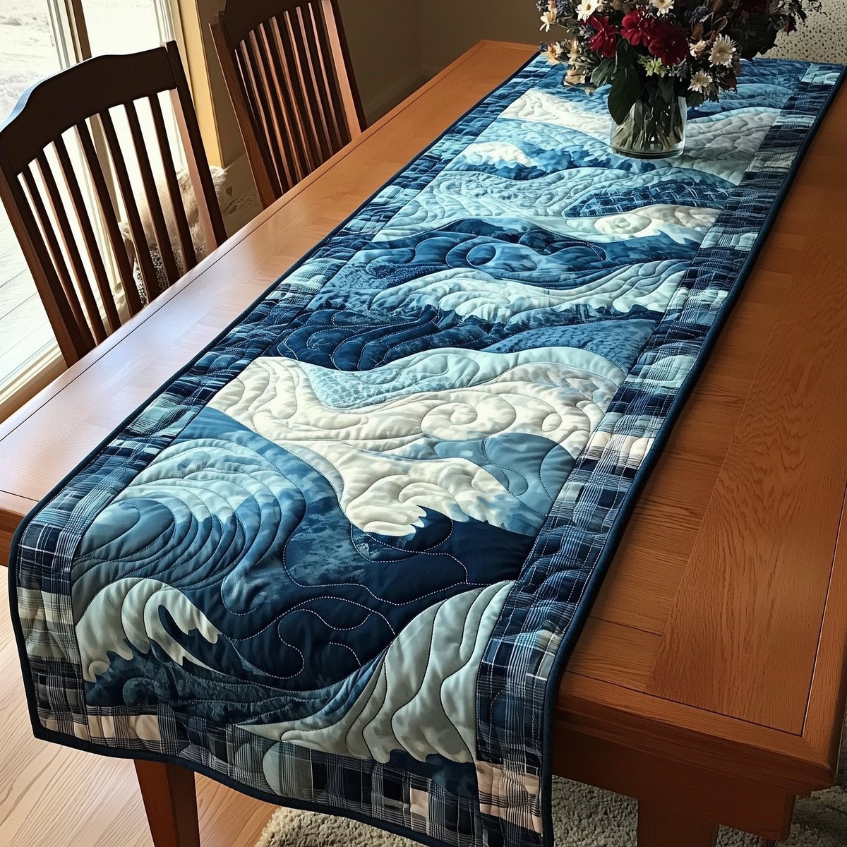 Soft Blue Waves in Quilted Swirls Table Runner - Made to Order TABLE928
