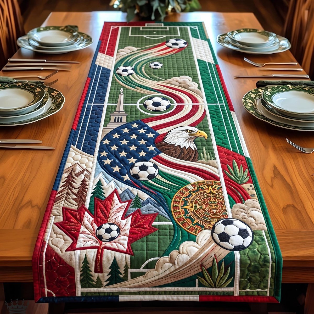 Soccer Pitch with Maple and Aztec Motifs Table Runner - Made to Order TABLE928