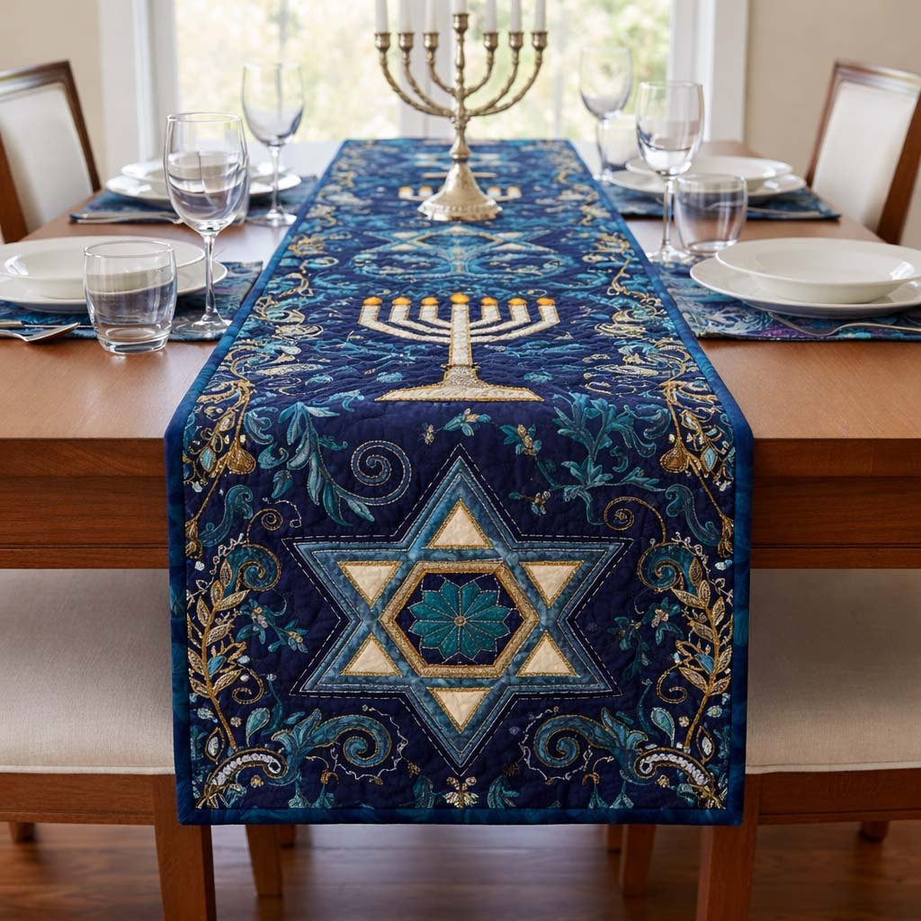 Star of David with Menorah Swirls Table Runner - Made to Order TABLE928