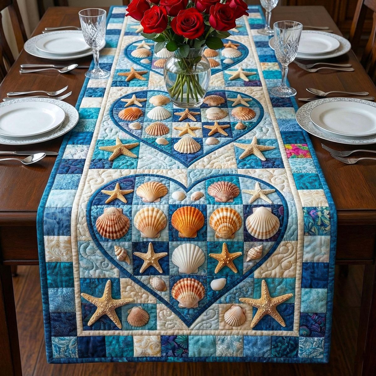 Shell Heart with Starfish on Blue Table Runner - Made to Order TABLE928