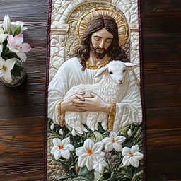 Shepherd Holding a Lamb with Lilies Table Runner - Made to Order TABLE928