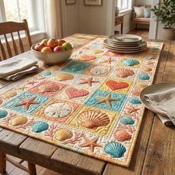 Shells and Hearts in Pastel Grid Table Runner - Made to Order TABLE928