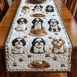 Shih Tzu Puppies with Bowls Table Runner - Made to Order TABLE928