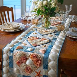 Shell Heart on Teal Panel Table Runner - Made to Order TABLE928