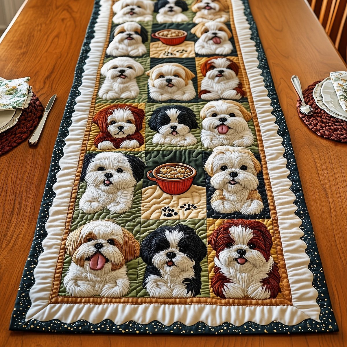 Shih Tzus in Blue Framed Blocks Table Runner - Made to Order TABLE928