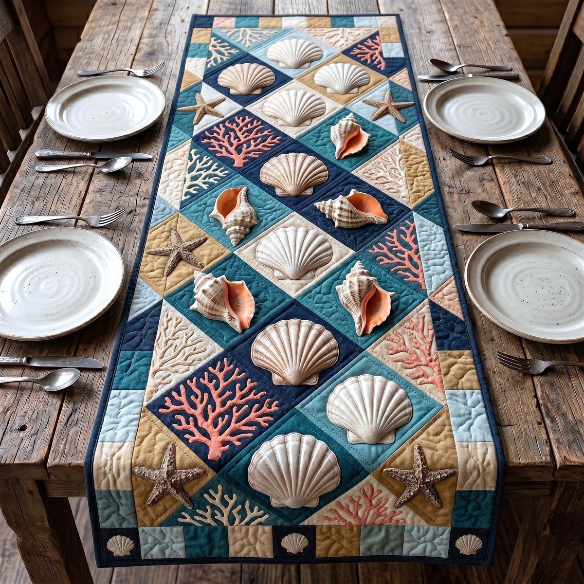 Shell Diamonds on Teal Blocks Table Runner - Made to Order TABLE928