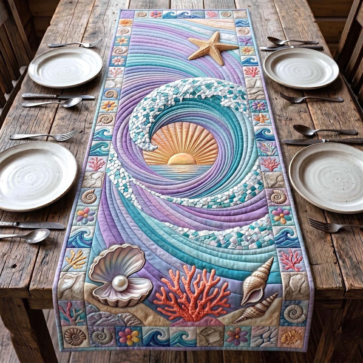 Shell in a Swirling Purple Wave Table Runner - Made to Order TABLE928