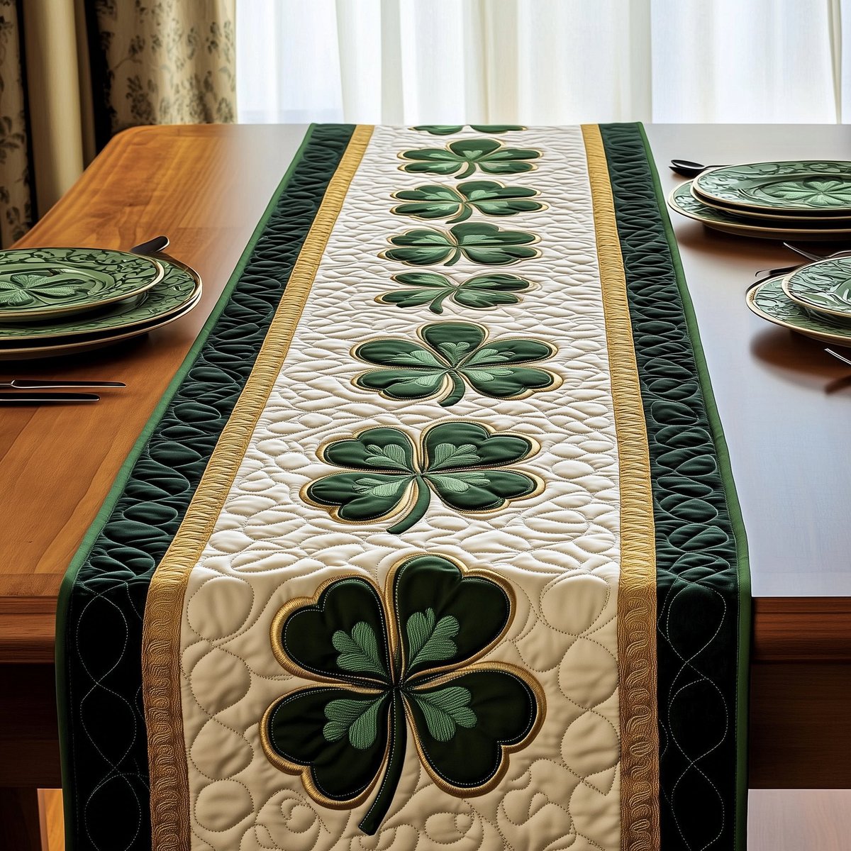 Shamrocks on Cream and Gold Stripes Table Runner - Made to Order TABLE928