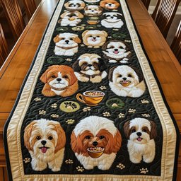 Shih Tzus on Black with Paw Prints Table Runner - Made to Order TABLE928