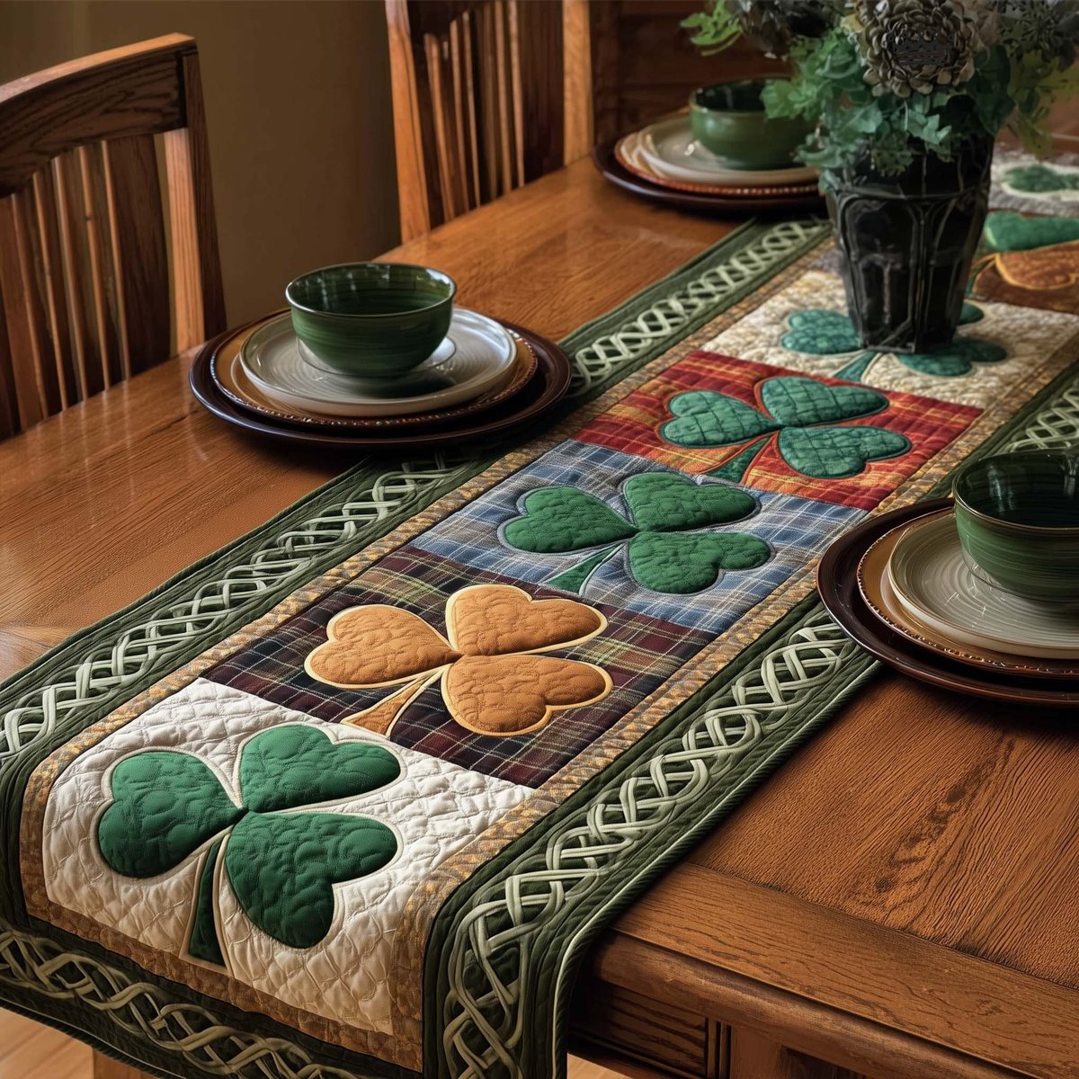 Shamrocks in Plaid Quilt Blocks Table Runner - Made to Order TABLE928