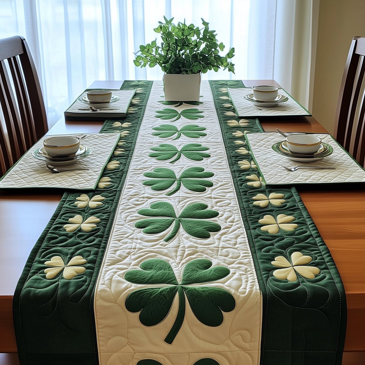 Shamrocks on Cream and Green Stripes Table Runner - Made to Order TABLE928