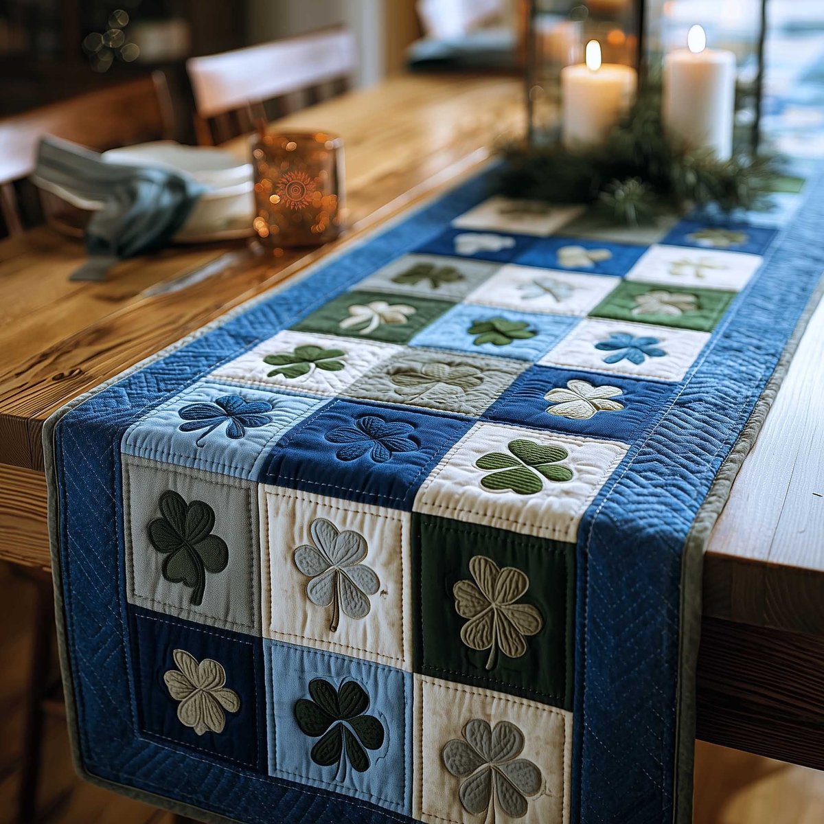 Shamrocks in Blue and Grey Table Runner - Made to Order TABLE928