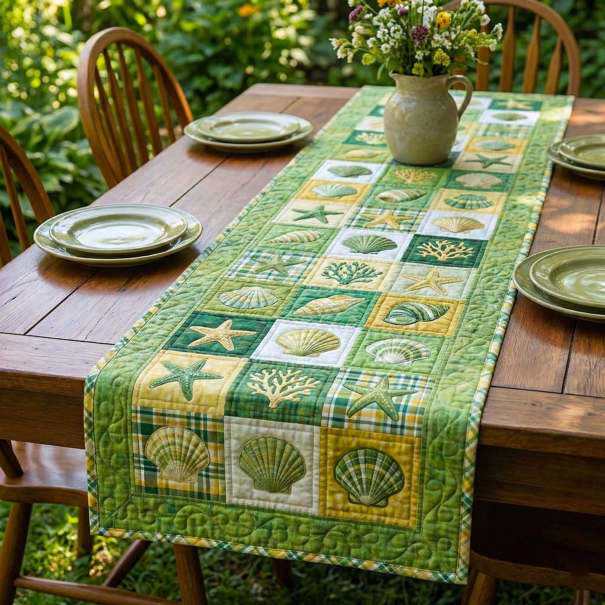 Shell Blocks in Green and Yellow Table Runner - Made to Order TABLE928