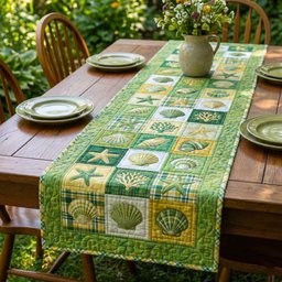Shell Blocks in Green and Yellow Table Runner - Made to Order TABLE928