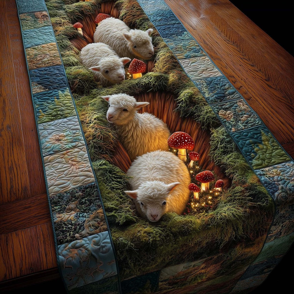 Sheep Resting on Mossy Log Table Runner - Made to Order TABLE928