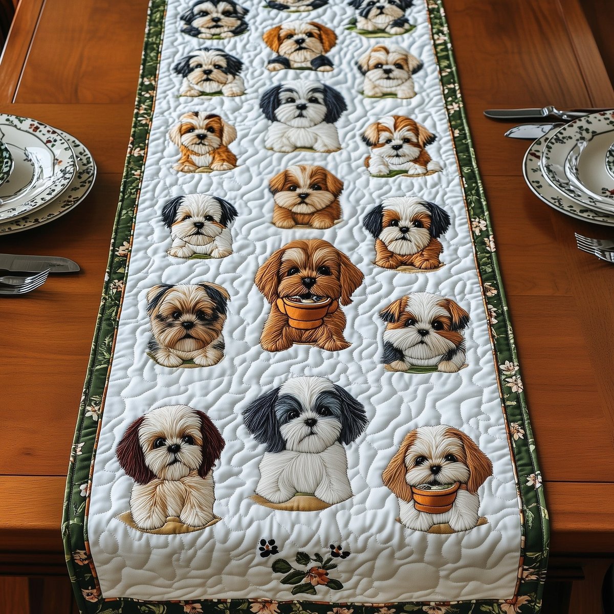 Shih Tzu Faces on White Table Runner - Made to Order TABLE928