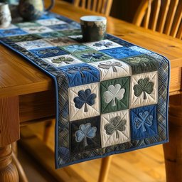 Shamrocks in Blue Grey Squares Table Runner - Made to Order TABLE928